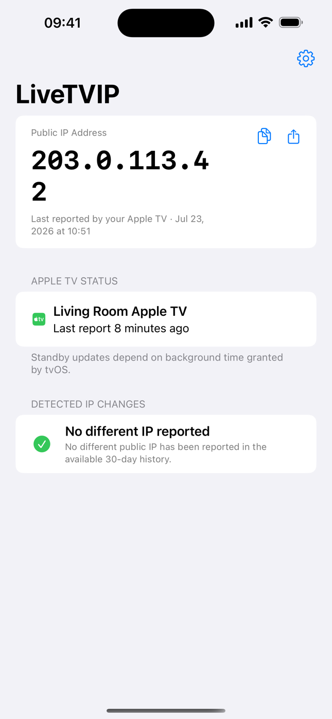 LiveTVIP on iPhone showing the public IP address last reported by the Living Room Apple TV and its report recency.