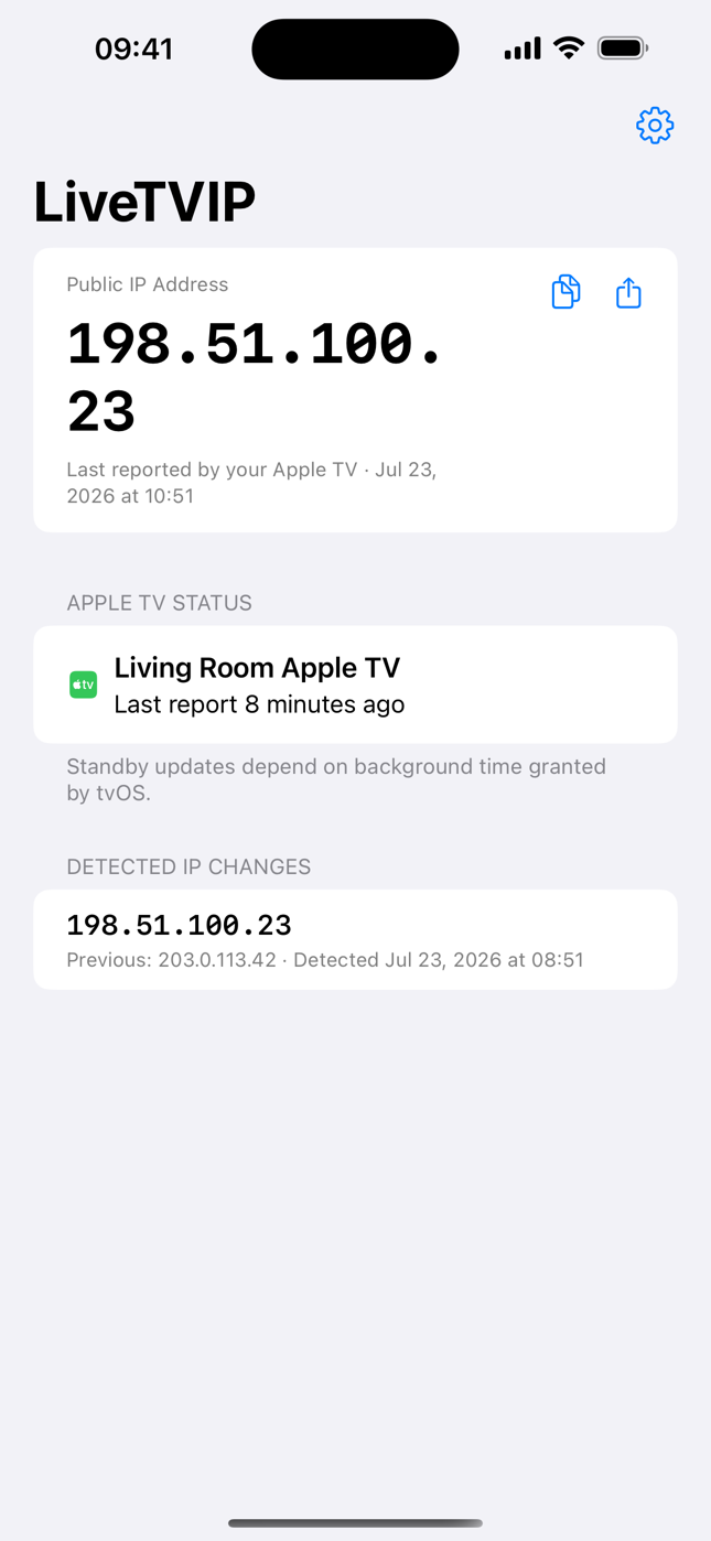 LiveTVIP on iPhone listing detected IP changes with each previous address and detection time.