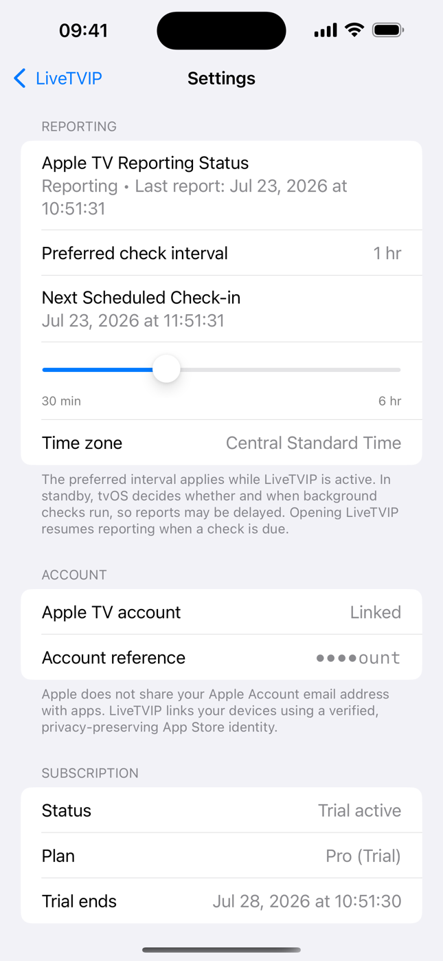 LiveTVIP iPhone Settings showing Apple TV reporting status, preferred check interval, next scheduled check-in, time zone, and plan.